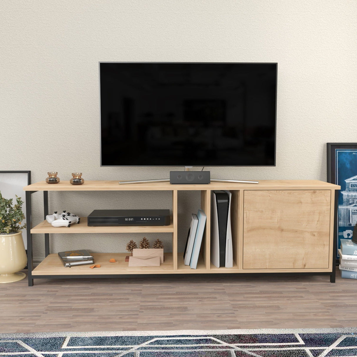 Comodă TV Oneida, Diverse culori, 140x35x51 cm - Negru - Stejar | SKU: 322RTC2275 | Comodă TV Oneida, 140x35x51 cm, varianta Negru - Stejar, produs pentru amenajarea locuinței, disponibil online în România la CasaMob