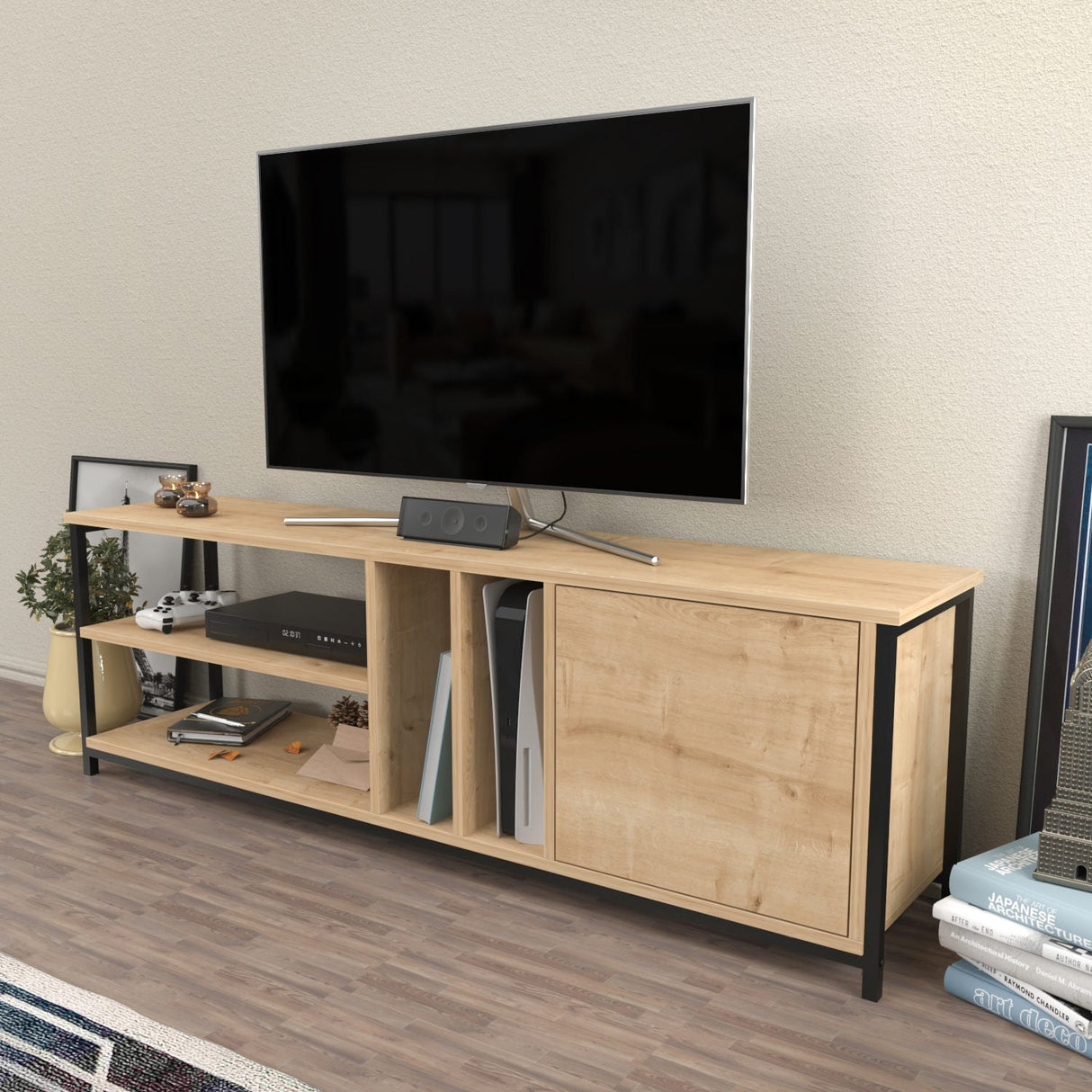 Comodă TV Oneida, Diverse culori, 140x35x51 cm - Negru - Stejar | SKU: 322RTC2275 | Comodă TV Oneida, 140x35x51 cm, varianta Negru - Stejar, produs pentru amenajarea locuinței, disponibil online în România la CasaMob