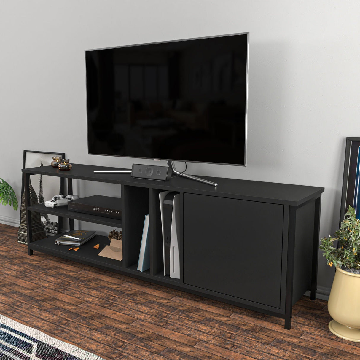 Comodă TV Oneida, Diverse culori, 140x35x51 cm - Negru - Antracit | SKU: 322RTC2276 | Comodă TV Oneida, 140x35x51 cm, varianta Negru - Antracit, produs pentru amenajarea locuinței, disponibil online în România la CasaMob