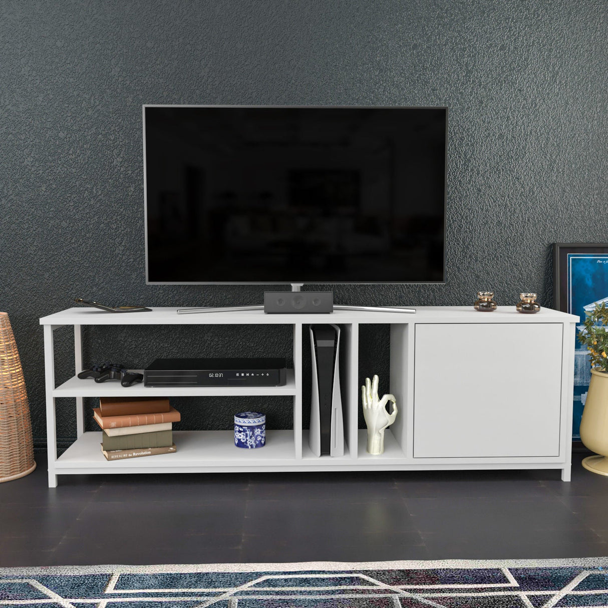 Comodă TV Oneida, Diverse culori, 140x35x51 cm - Alb | SKU: 322RTC2278 | Comodă TV Oneida, 140x35x51 cm, varianta Alb, produs pentru amenajarea locuinței, disponibil online în România la CasaMob