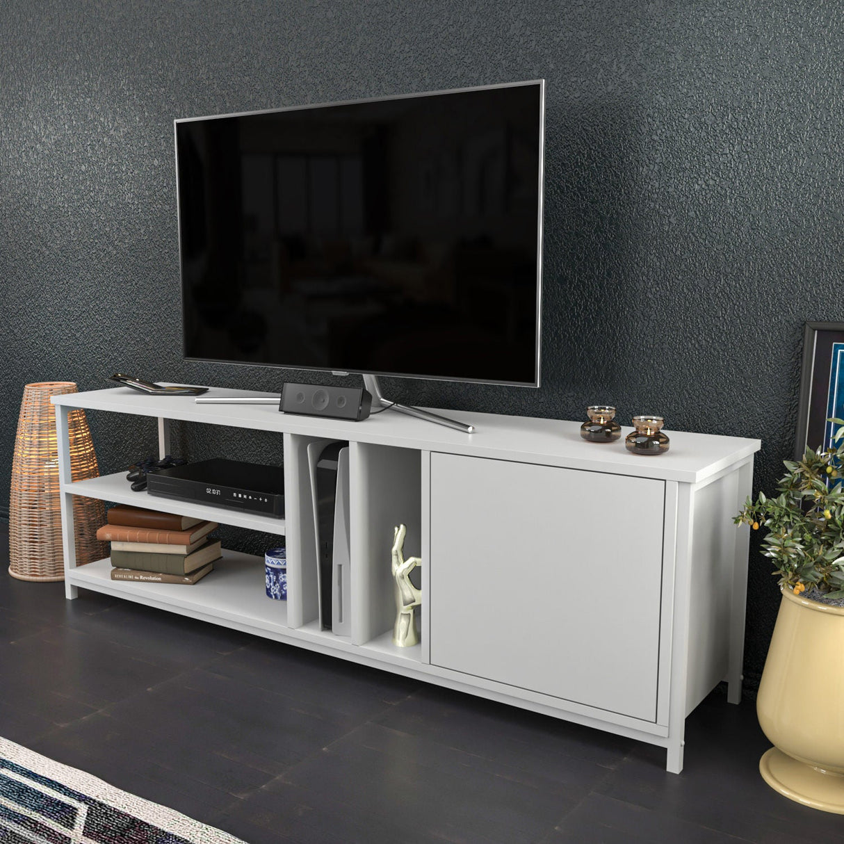 Comodă TV Oneida, Diverse culori, 140x35x51 cm - Alb | SKU: 322RTC2278 | Comodă TV Oneida, 140x35x51 cm, varianta Alb, produs pentru amenajarea locuinței, disponibil online în România la CasaMob