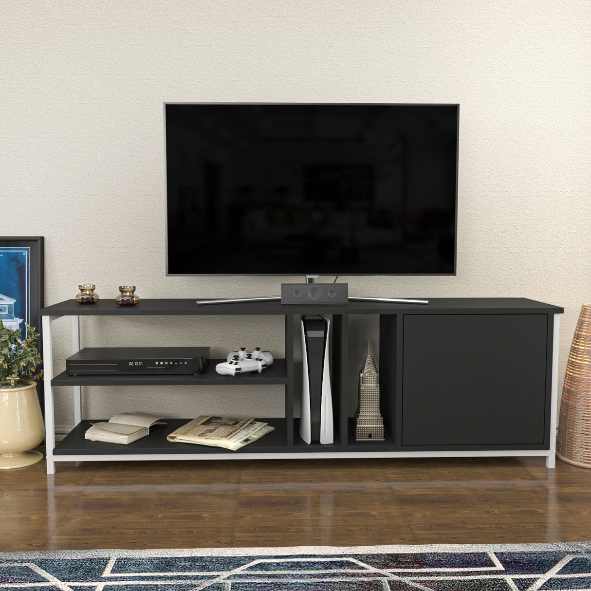 Comodă TV Oneida, Diverse culori, 140x35x51 cm - Alb - Antracit | SKU: 322RTC2280 | Comodă TV Oneida, 140x35x51 cm, varianta Alb - Antracit, produs pentru amenajarea locuinței, disponibil online în România la CasaMob