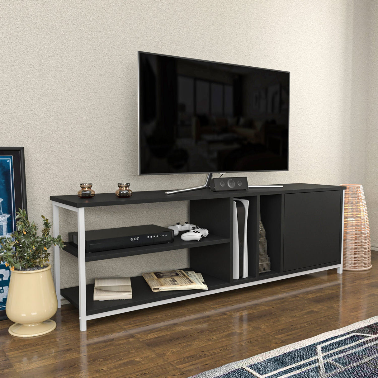 Comodă TV Oneida, Diverse culori, 140x35x51 cm - Alb - Antracit | SKU: 322RTC2280 | Comodă TV Oneida, 140x35x51 cm, varianta Alb - Antracit, produs pentru amenajarea locuinței, disponibil online în România la CasaMob