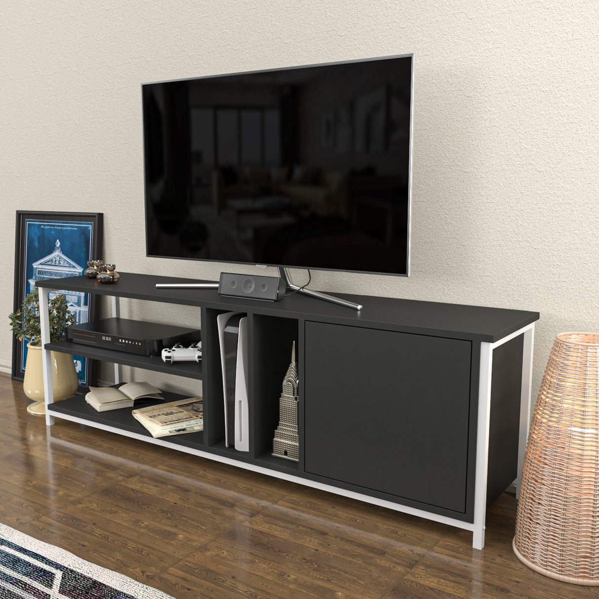 Comodă TV Oneida, Diverse culori, 140x35x51 cm - Alb - Antracit | SKU: 322RTC2280 | Comodă TV Oneida, 140x35x51 cm, varianta Alb - Antracit, produs pentru amenajarea locuinței, disponibil online în România la CasaMob