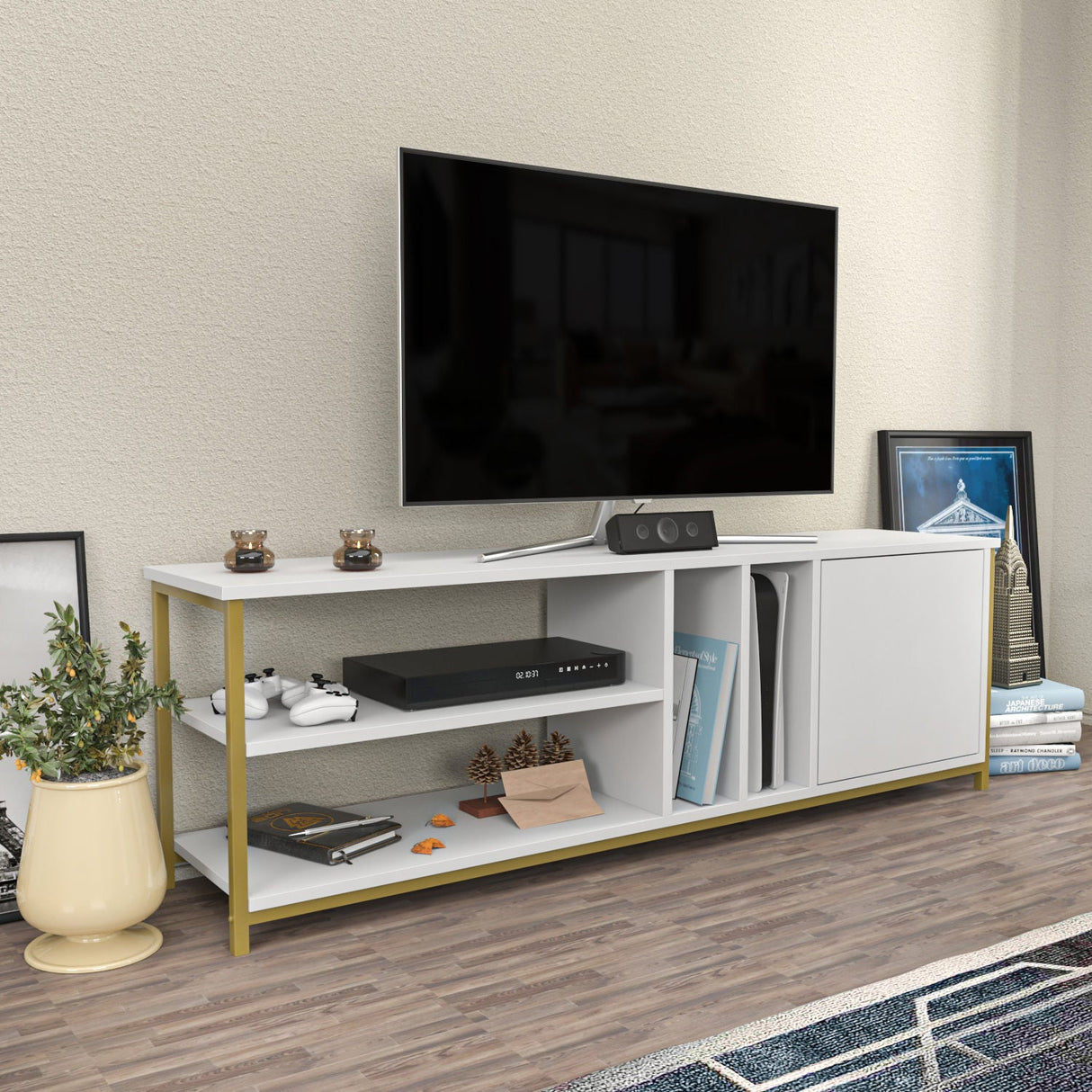 Comodă TV Oneida, Diverse culori, 140x35x51 cm - Auriu - Alb | SKU: 322RTC2282 | Comodă TV Oneida, 140x35x51 cm, varianta Auriu - Alb, produs pentru amenajarea locuinței, disponibil online în România la CasaMob