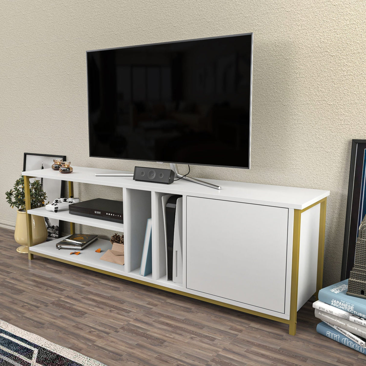 Comodă TV Oneida, Diverse culori, 140x35x51 cm - Auriu - Alb | SKU: 322RTC2282 | Comodă TV Oneida, 140x35x51 cm, varianta Auriu - Alb, produs pentru amenajarea locuinței, disponibil online în România la CasaMob