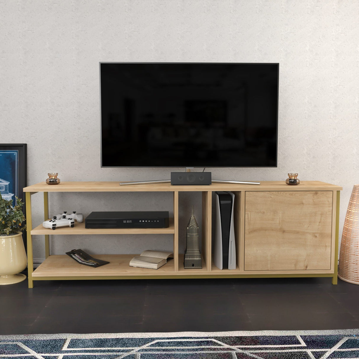 Comodă TV Oneida, Diverse culori, 140x35x51 cm - Auriu - Stejar | SKU: 322RTC2283 | Comodă TV Oneida, 140x35x51 cm, varianta Auriu - Stejar, produs pentru amenajarea locuinței, disponibil online în România la CasaMob