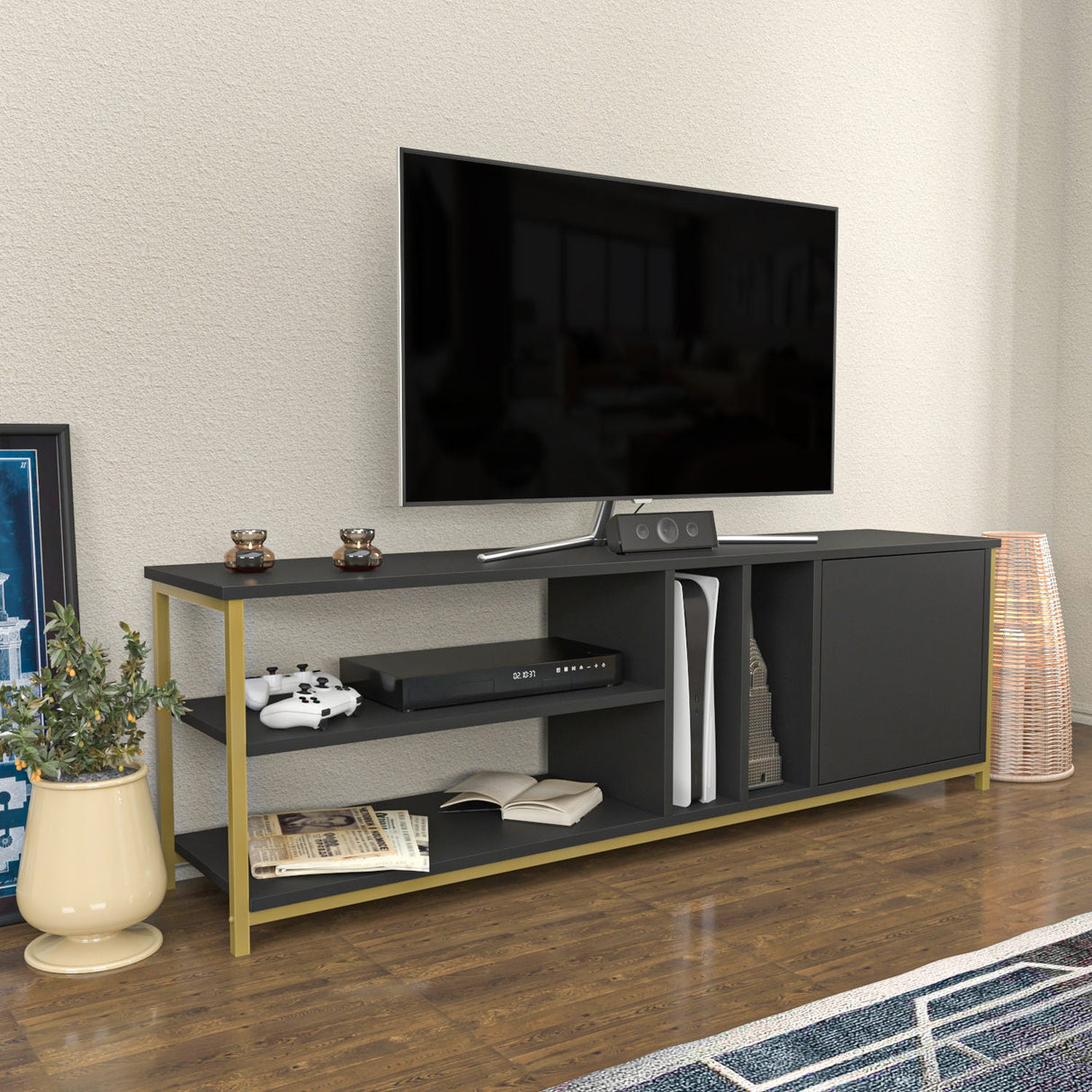 Comodă TV Oneida, Diverse culori, 140x35x51 cm - Auriu - Antracit | SKU: 322RTC2284 | Comodă TV Oneida, 140x35x51 cm, varianta Auriu - Antracit, produs pentru amenajarea locuinței, disponibil online în România la CasaMob