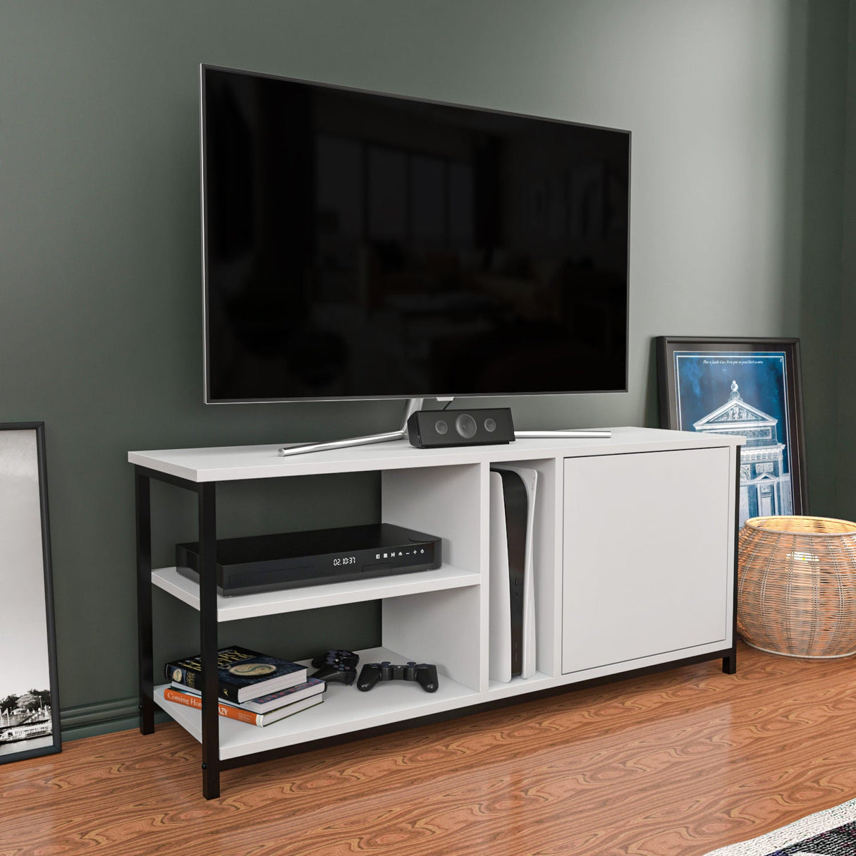 Comodă TV Neola, Diverse culori, 120x35x51 cm - Negru - Alb | SKU: 322RTC2286 | Comodă TV Neola, 120x35x51 cm, varianta Negru - Alb, produs pentru amenajarea locuinței, disponibil online în România la CasaMob