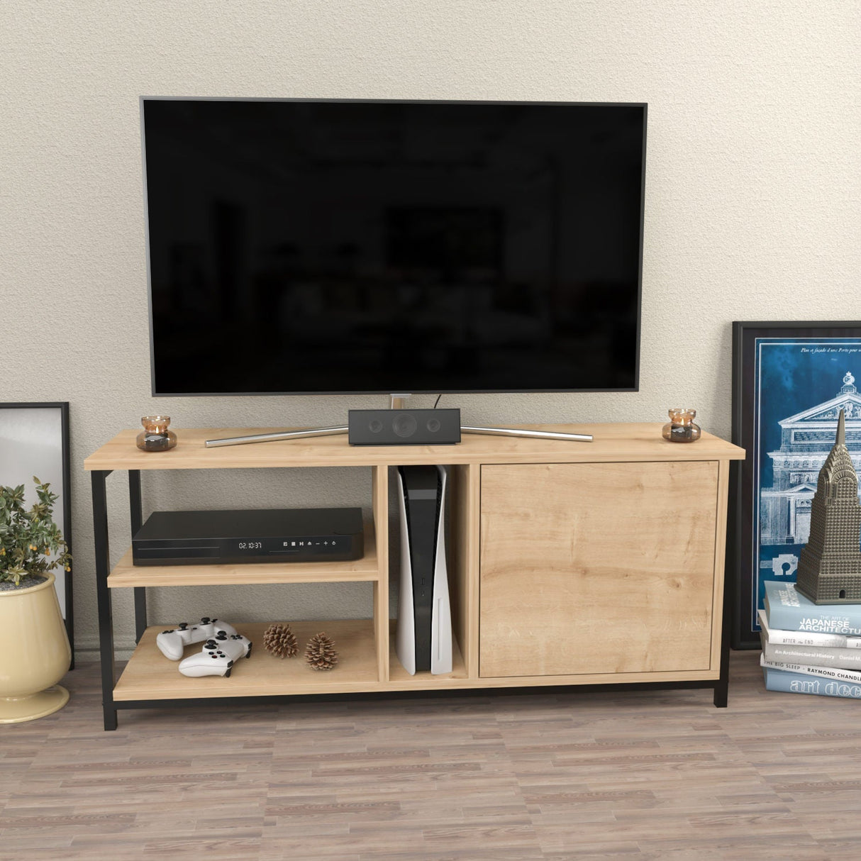 Comodă TV Neola, Diverse culori, 120x35x51 cm - Negru - Stejar | SKU: 322RTC2287 | Comodă TV Neola, 120x35x51 cm, varianta Negru - Stejar, produs pentru amenajarea locuinței, disponibil online în România la CasaMob