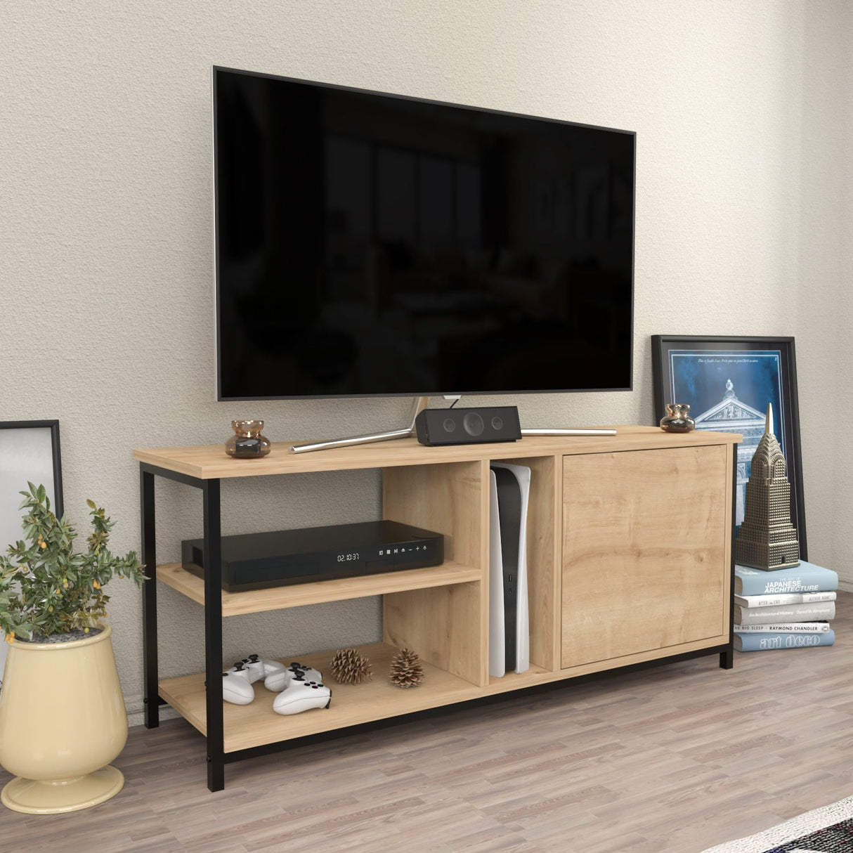 Comodă TV Neola, Diverse culori, 120x35x51 cm - Negru - Stejar | SKU: 322RTC2287 | Comodă TV Neola, 120x35x51 cm, varianta Negru - Stejar, produs pentru amenajarea locuinței, disponibil online în România la CasaMob