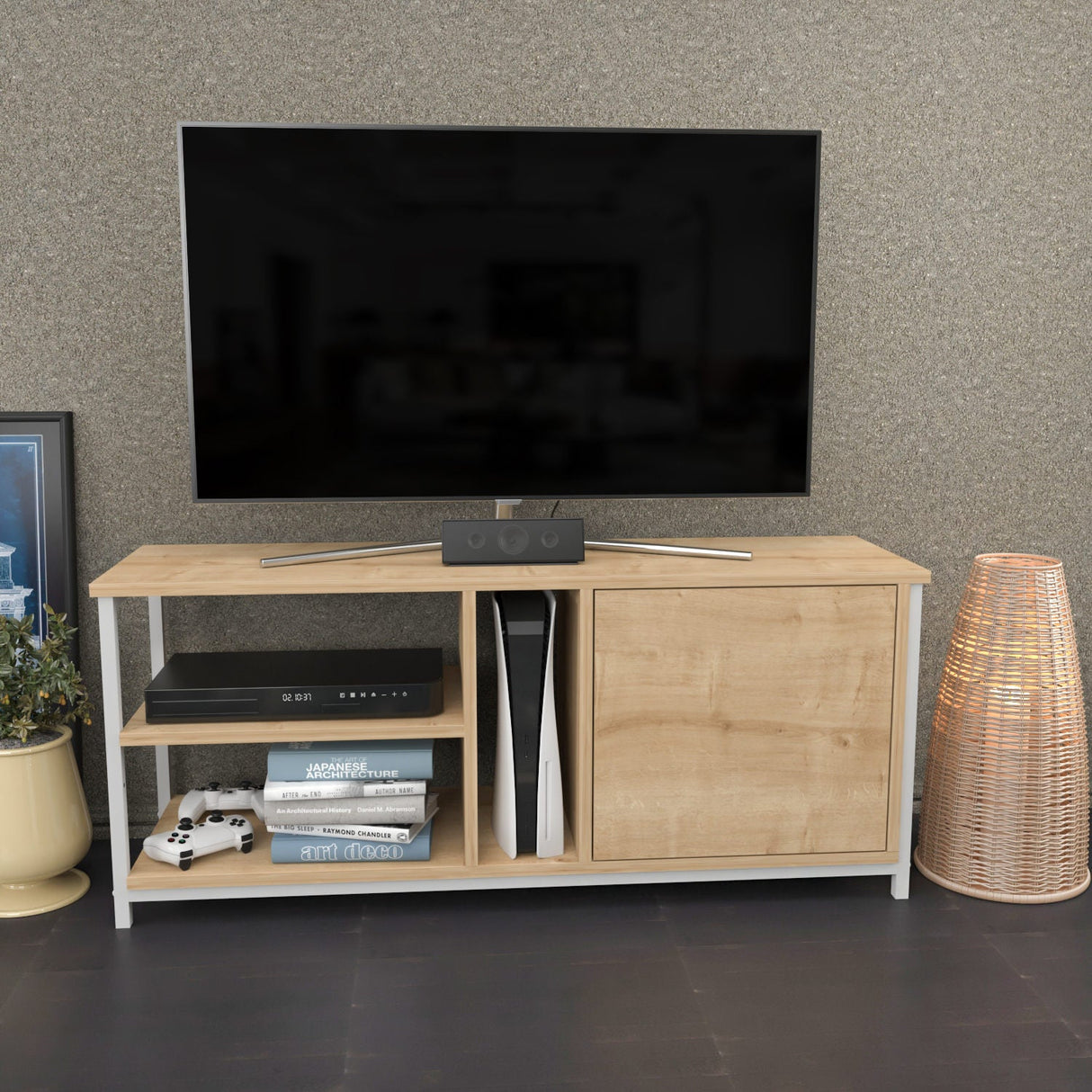 Comodă TV Neola, Diverse culori, 120x35x51 cm - Alb - Stejar | SKU: 322RTC2291 | Comodă TV Neola, 120x35x51 cm, varianta Alb - Stejar, produs pentru amenajarea locuinței, disponibil online în România la CasaMob