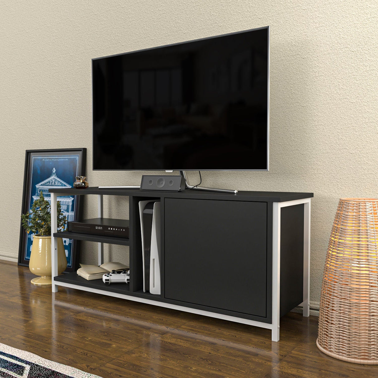 Comodă TV Neola, Diverse culori, 120x35x51 cm - Alb - Antracit | SKU: 322RTC2292 | Comodă TV Neola, 120x35x51 cm, varianta Alb - Antracit, produs pentru amenajarea locuinței, disponibil online în România la CasaMob