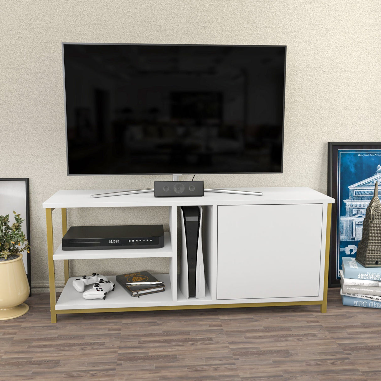 Comodă TV Neola, Diverse culori, 120x35x51 cm - Auriu - Alb | SKU: 322RTC2294 | Comodă TV Neola, 120x35x51 cm, varianta Auriu - Alb, produs pentru amenajarea locuinței, disponibil online în România la CasaMob