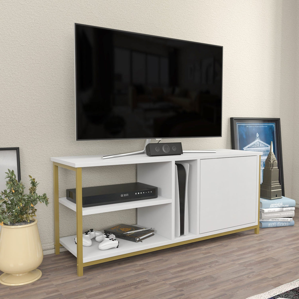 Comodă TV Neola, Diverse culori, 120x35x51 cm - Auriu - Alb | SKU: 322RTC2294 | Comodă TV Neola, 120x35x51 cm, varianta Auriu - Alb, produs pentru amenajarea locuinței, disponibil online în România la CasaMob