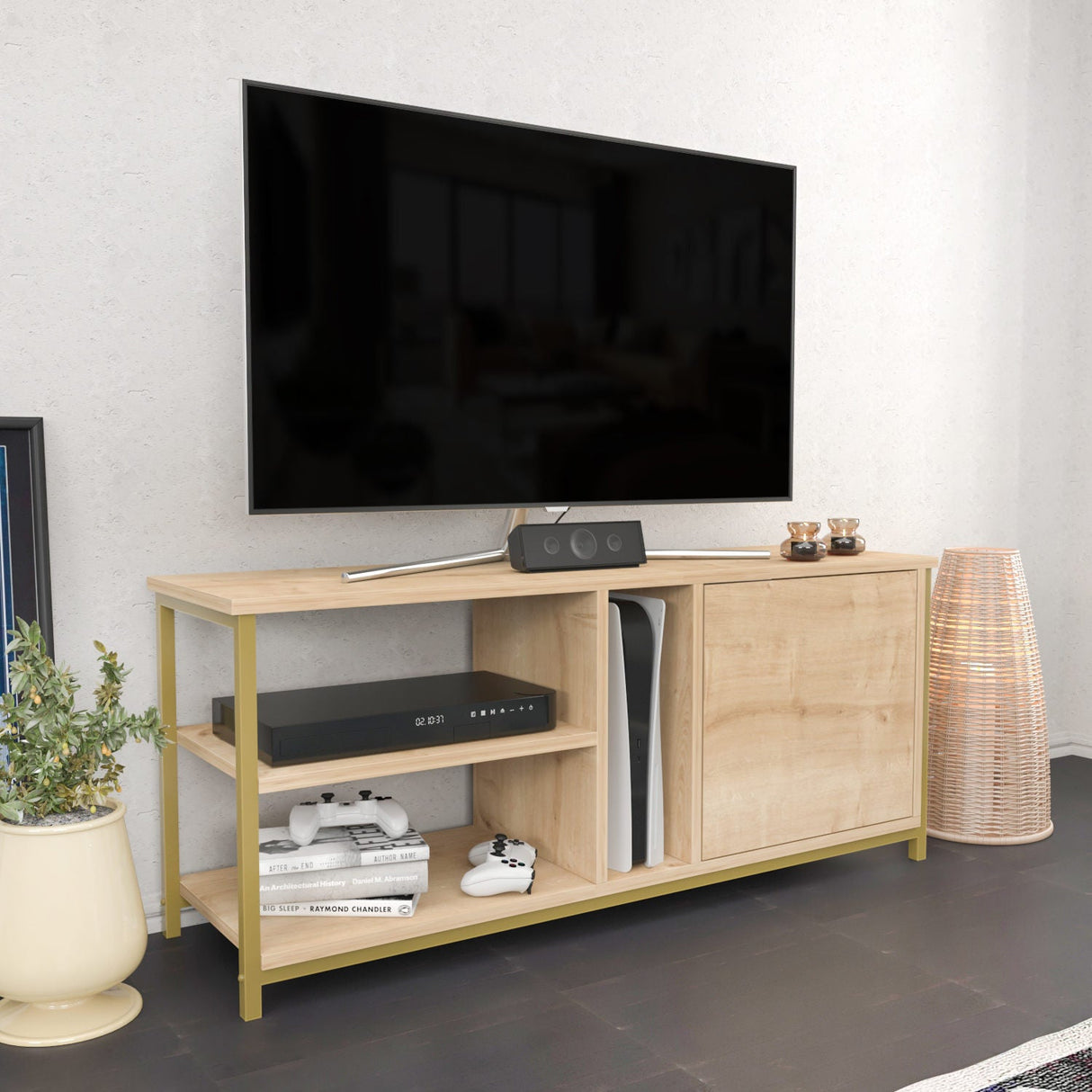 Comodă TV Neola, Diverse culori, 120x35x51 cm - Auriu - Stejar | SKU: 322RTC2295 | Comodă TV Neola, 120x35x51 cm, varianta Auriu - Stejar, produs pentru amenajarea locuinței, disponibil online în România la CasaMob