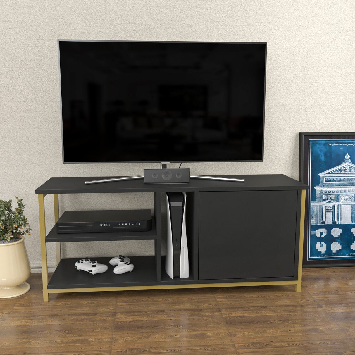 Comodă TV Neola, Diverse culori, 120x35x51 cm - Auriu - Antracit | SKU: 322RTC2296 | Comodă TV Neola, 120x35x51 cm, varianta Auriu - Antracit, produs pentru amenajarea locuinței, disponibil online în România la CasaMob
