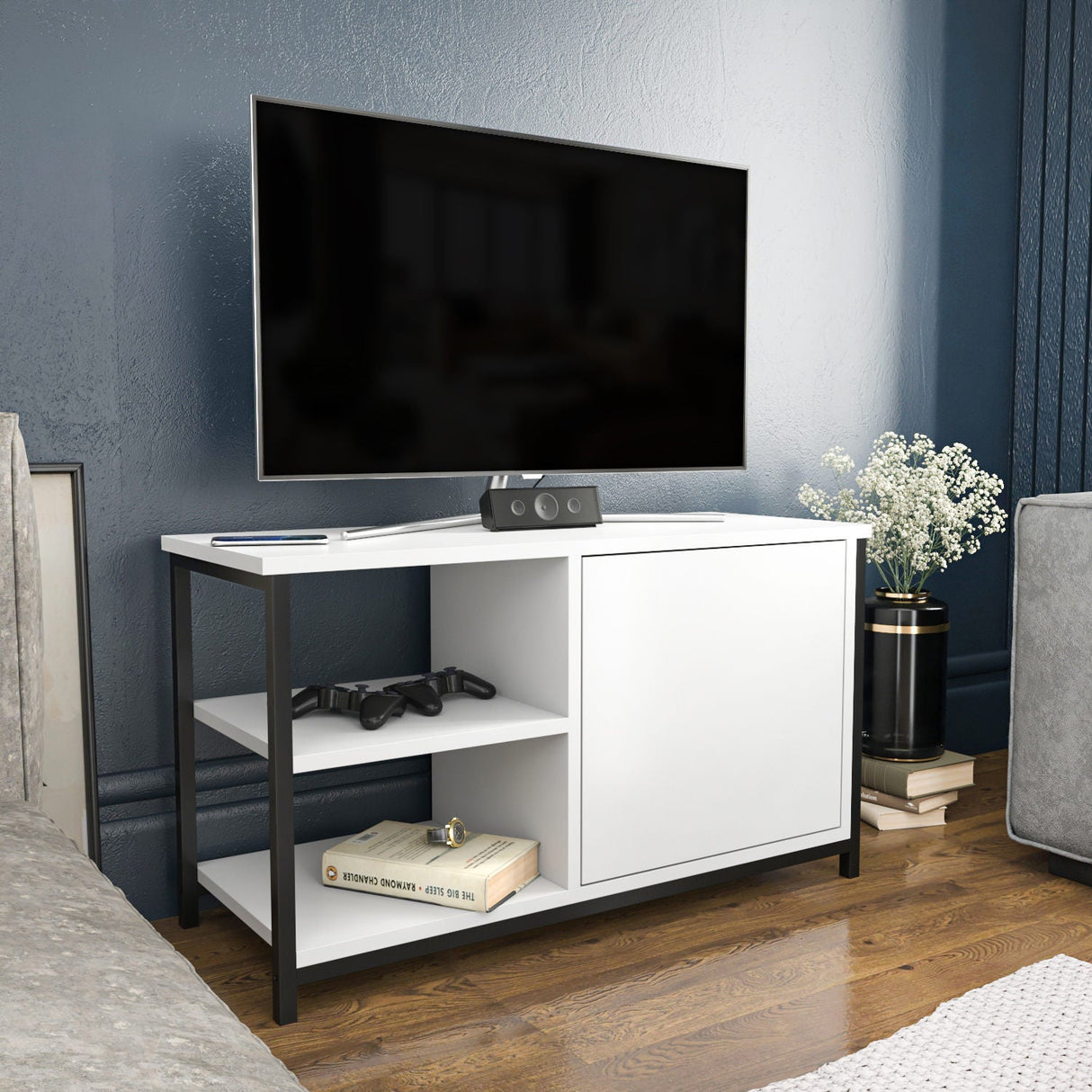Comodă TV Muskegon, Diverse culori, 90x35x51 cm - Negru - Alb | SKU: 322RTC2298 | Comodă TV Muskegon, 90x35x51 cm, varianta Negru - Alb, produs pentru amenajarea locuinței, disponibil online în România la CasaMob