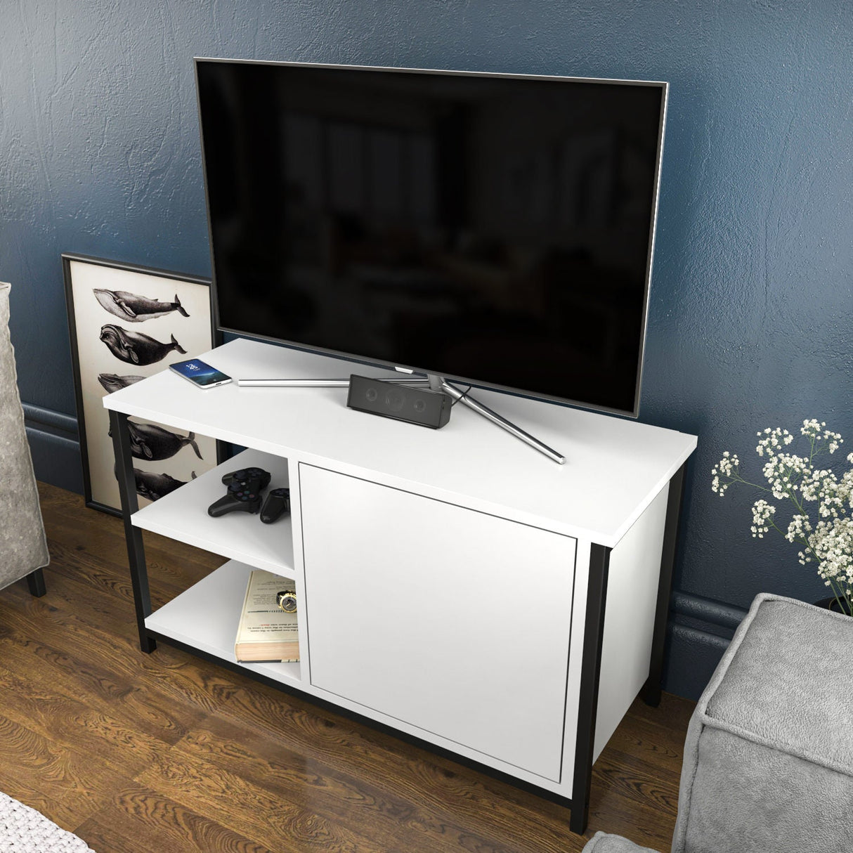 Comodă TV Muskegon, Diverse culori, 90x35x51 cm - Negru - Alb | SKU: 322RTC2298 | Comodă TV Muskegon, 90x35x51 cm, varianta Negru - Alb, produs pentru amenajarea locuinței, disponibil online în România la CasaMob