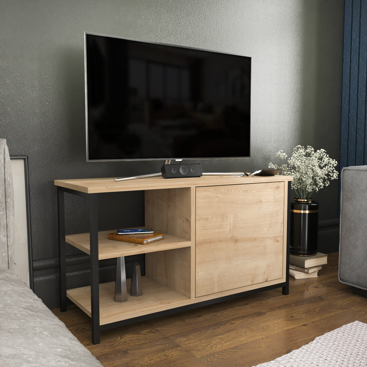 Comodă TV Muskegon, Diverse culori, 90x35x51 cm - Negru - Stejar | SKU: 322RTC2299 | Comodă TV Muskegon, 90x35x51 cm, varianta Negru - Stejar, produs pentru amenajarea locuinței, disponibil online în România la CasaMob