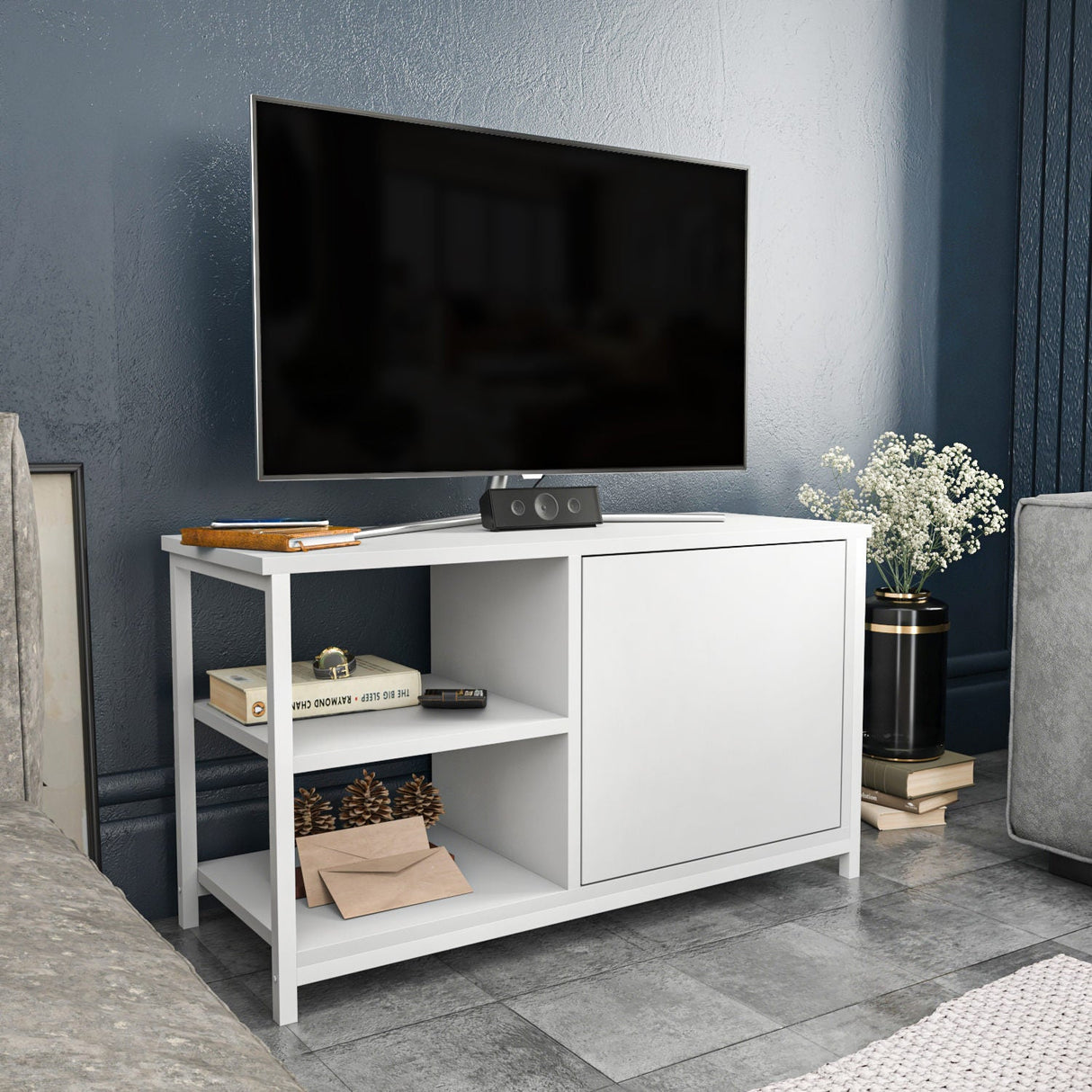 Comodă TV Muskegon, Diverse culori, 90x35x51 cm - Alb | SKU: 322RTC2303 | Comodă TV Muskegon, 90x35x51 cm, varianta Alb, produs pentru amenajarea locuinței, disponibil online în România la CasaMob