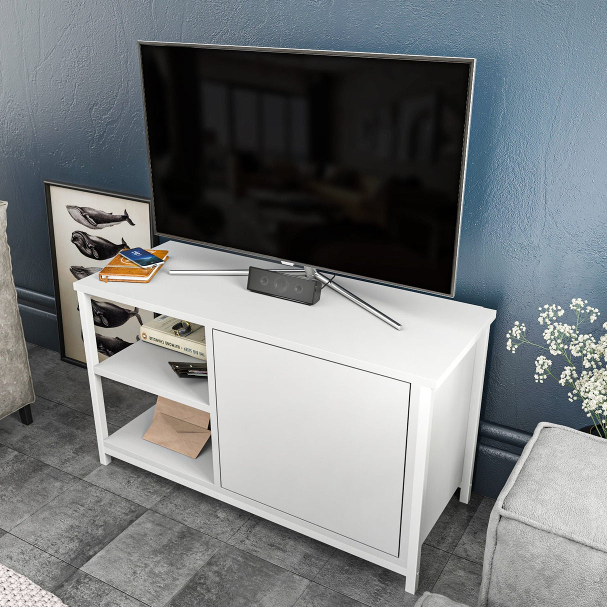 Comodă TV Muskegon, Diverse culori, 90x35x51 cm - Alb | SKU: 322RTC2303 | Comodă TV Muskegon, 90x35x51 cm, varianta Alb, produs pentru amenajarea locuinței, disponibil online în România la CasaMob
