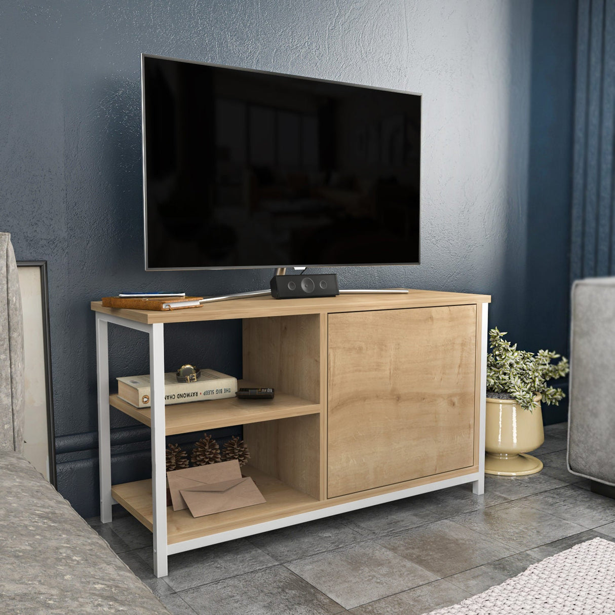 Comodă TV Muskegon, Diverse culori, 90x35x51 cm - Alb - Stejar | SKU: 322RTC2304 | Comodă TV Muskegon, 90x35x51 cm, varianta Alb - Stejar, produs pentru amenajarea locuinței, disponibil online în România la CasaMob