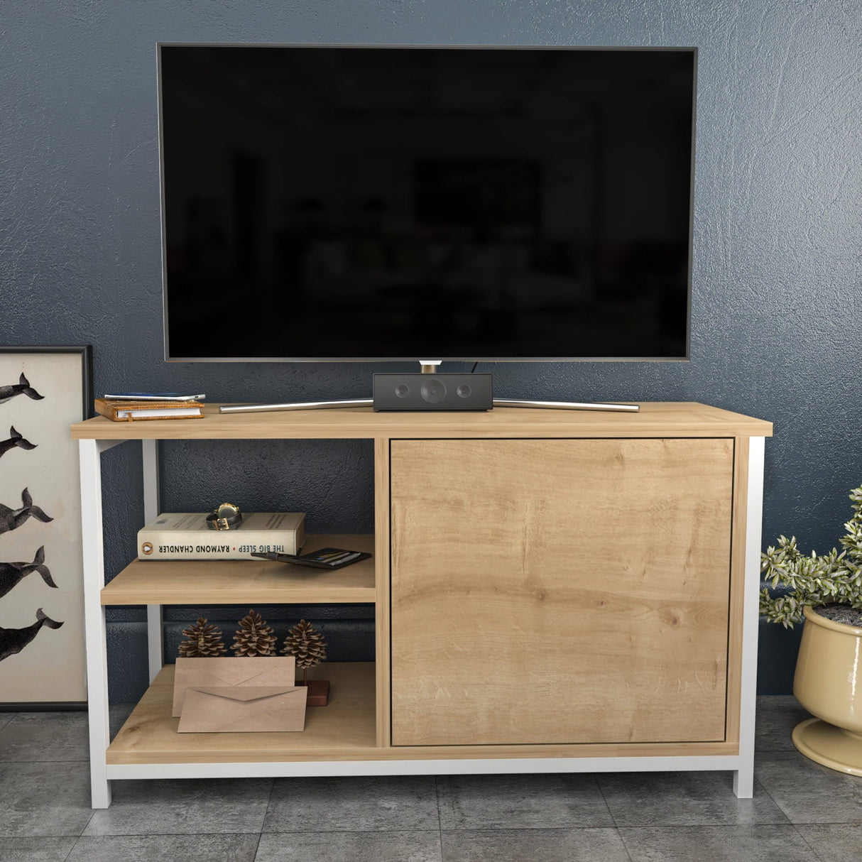 Comodă TV Muskegon, Diverse culori, 90x35x51 cm - Alb - Stejar | SKU: 322RTC2304 | Comodă TV Muskegon, 90x35x51 cm, varianta Alb - Stejar, produs pentru amenajarea locuinței, disponibil online în România la CasaMob