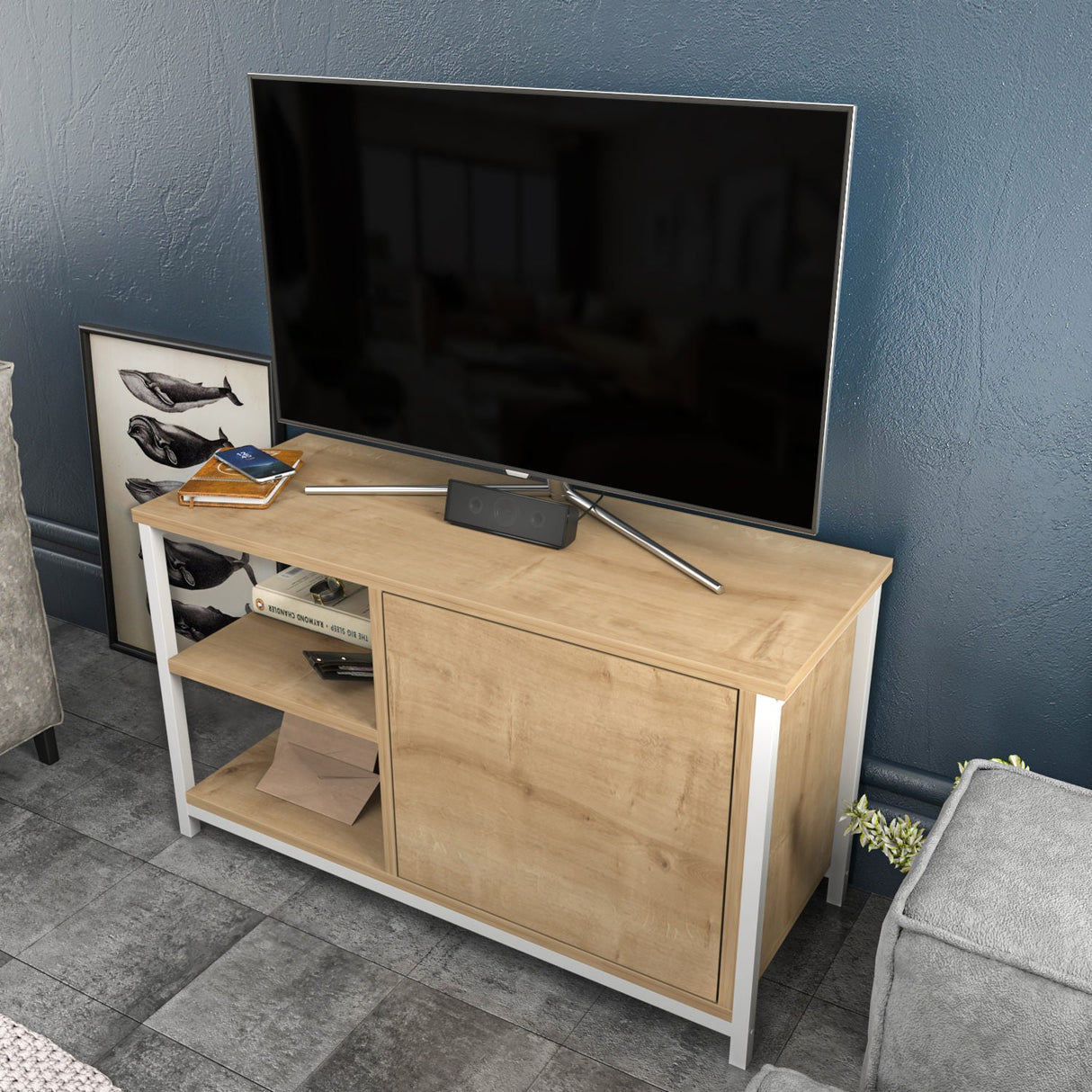 Comodă TV Muskegon, Diverse culori, 90x35x51 cm - Alb - Stejar | SKU: 322RTC2304 | Comodă TV Muskegon, 90x35x51 cm, varianta Alb - Stejar, produs pentru amenajarea locuinței, disponibil online în România la CasaMob