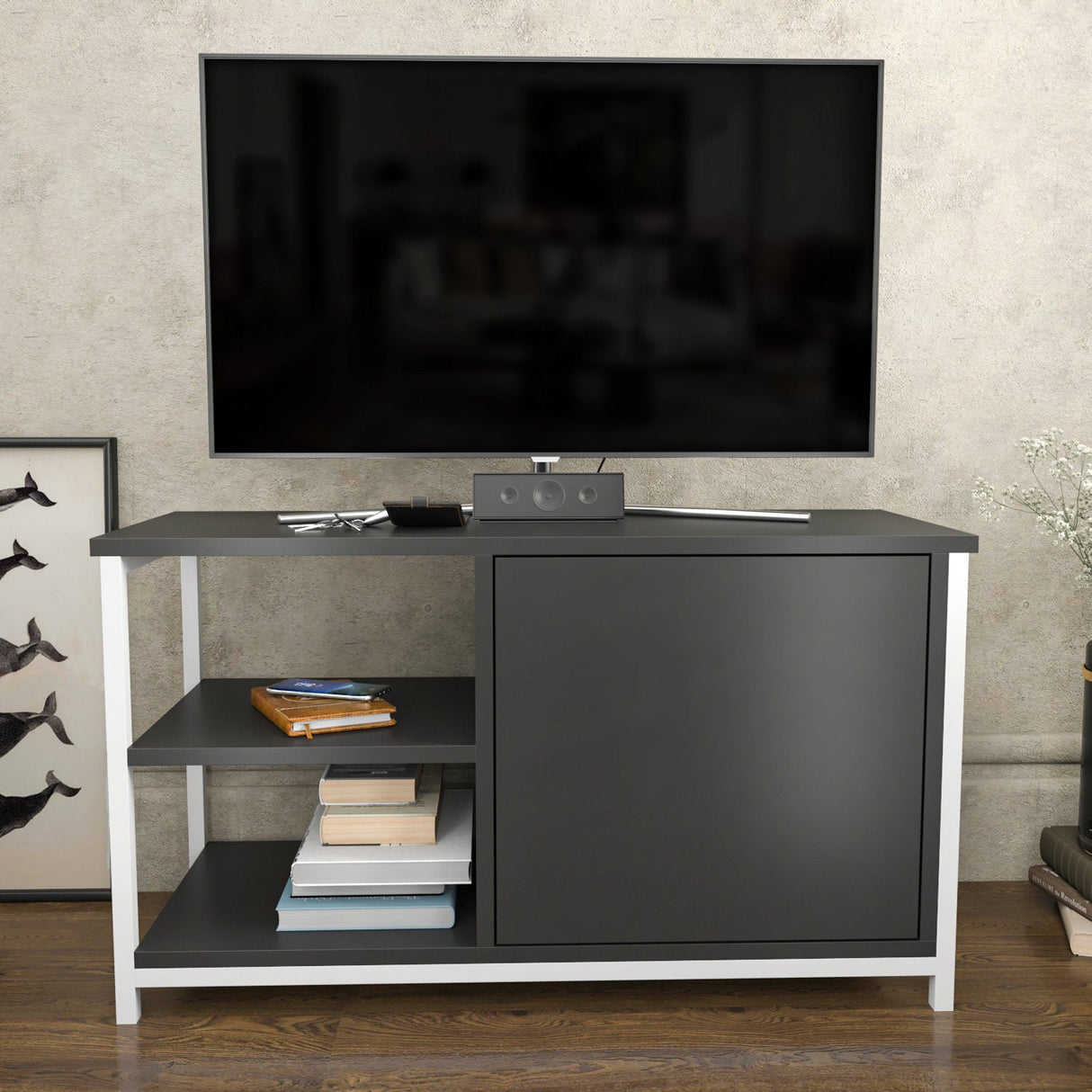 Comodă TV Muskegon, Diverse culori, 90x35x51 cm - Alb - Antracit | SKU: 322RTC2305 | Comodă TV Muskegon, 90x35x51 cm, varianta Alb - Antracit, produs pentru amenajarea locuinței, disponibil online în România la CasaMob
