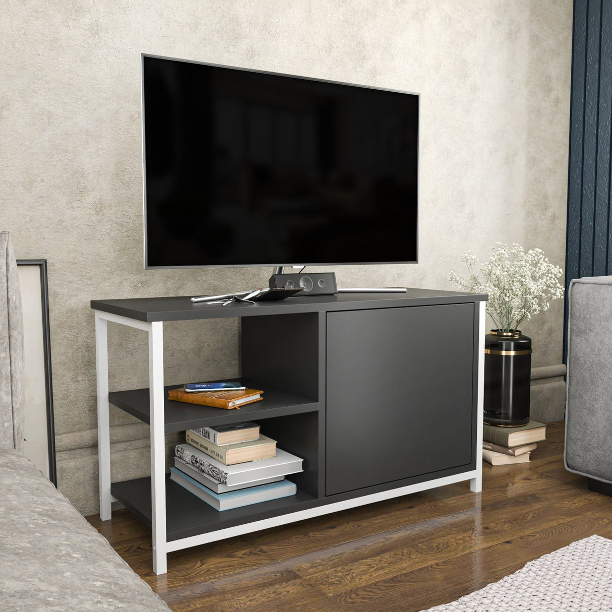 Comodă TV Muskegon, Diverse culori, 90x35x51 cm - Alb - Antracit | SKU: 322RTC2305 | Comodă TV Muskegon, 90x35x51 cm, varianta Alb - Antracit, produs pentru amenajarea locuinței, disponibil online în România la CasaMob