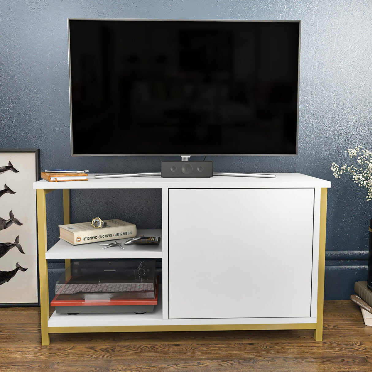 Comodă TV Muskegon, Diverse culori, 90x35x51 cm - Auriu - Alb | SKU: 322RTC2307 | Comodă TV Muskegon, 90x35x51 cm, varianta Auriu - Alb, produs pentru amenajarea locuinței, disponibil online în România la CasaMob