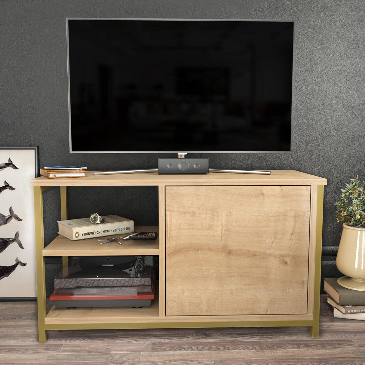 Comodă TV Muskegon, Diverse culori, 90x35x51 cm - Auriu - Stejar | SKU: 322RTC2308 | Comodă TV Muskegon, 90x35x51 cm, varianta Auriu - Stejar, produs pentru amenajarea locuinței, disponibil online în România la CasaMob
