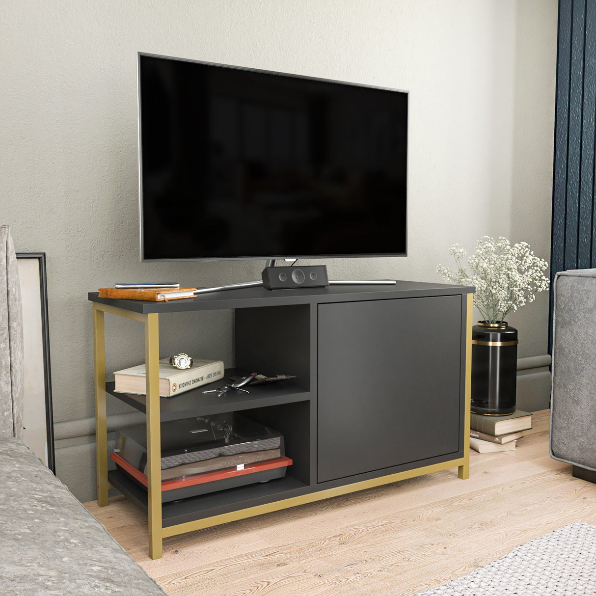 Comodă TV Muskegon, Diverse culori, 90x35x51 cm - Auriu - Antracit | SKU: 322RTC2309 | Comodă TV Muskegon, 90x35x51 cm, varianta Auriu - Antracit, produs pentru amenajarea locuinței, disponibil online în România la CasaMob