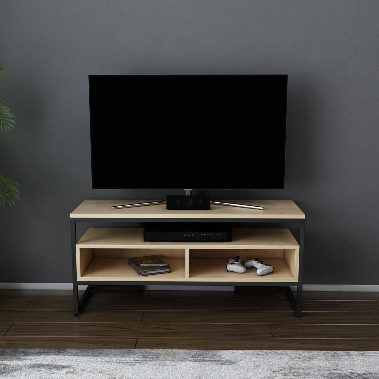 Comodă TV Merrion, Diverse culori, 110x35x50 cm - Negru - Stejar | SKU: 322RTC2324 | Comodă TV Merrion, 110x35x50 cm, varianta Negru - Stejar, produs pentru amenajarea locuinței, disponibil online în România la CasaMob
