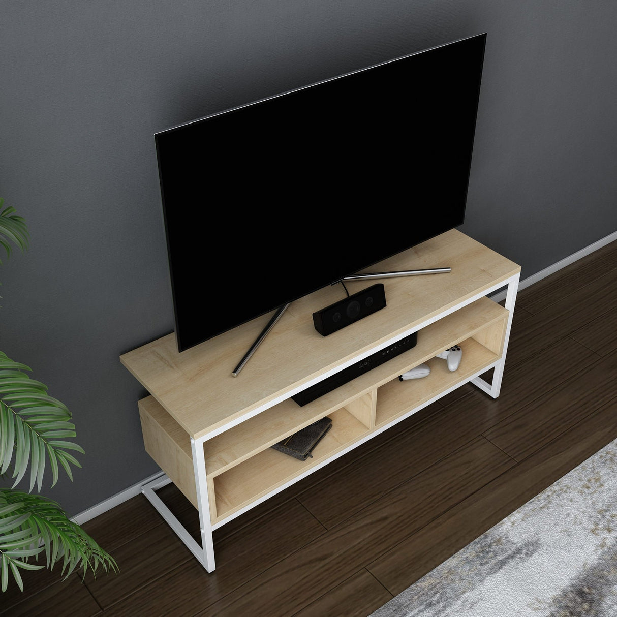 Comodă TV Merrion, Diverse culori, 110x35x50 cm - Alb - Stejar | SKU: 322RTC2328 | Comodă TV Merrion, 110x35x50 cm, varianta Alb - Stejar, produs pentru amenajarea locuinței, disponibil online în România la CasaMob