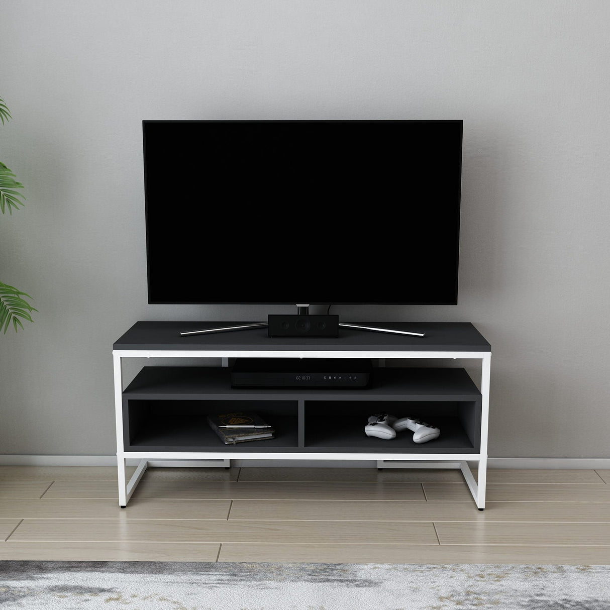 Comodă TV Merrion, Diverse culori, 110x35x50 cm - Alb - Antracit | SKU: 322RTC2329 | Comodă TV Merrion, 110x35x50 cm, varianta Alb - Antracit, produs pentru amenajarea locuinței, disponibil online în România la CasaMob