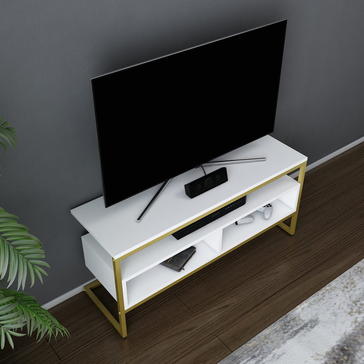 Comodă TV Merrion, Diverse culori, 110x35x50 cm - Auriu - Alb | SKU: 322RTC2331 | Comodă TV Merrion, 110x35x50 cm, varianta Auriu - Alb, produs pentru amenajarea locuinței, disponibil online în România la CasaMob