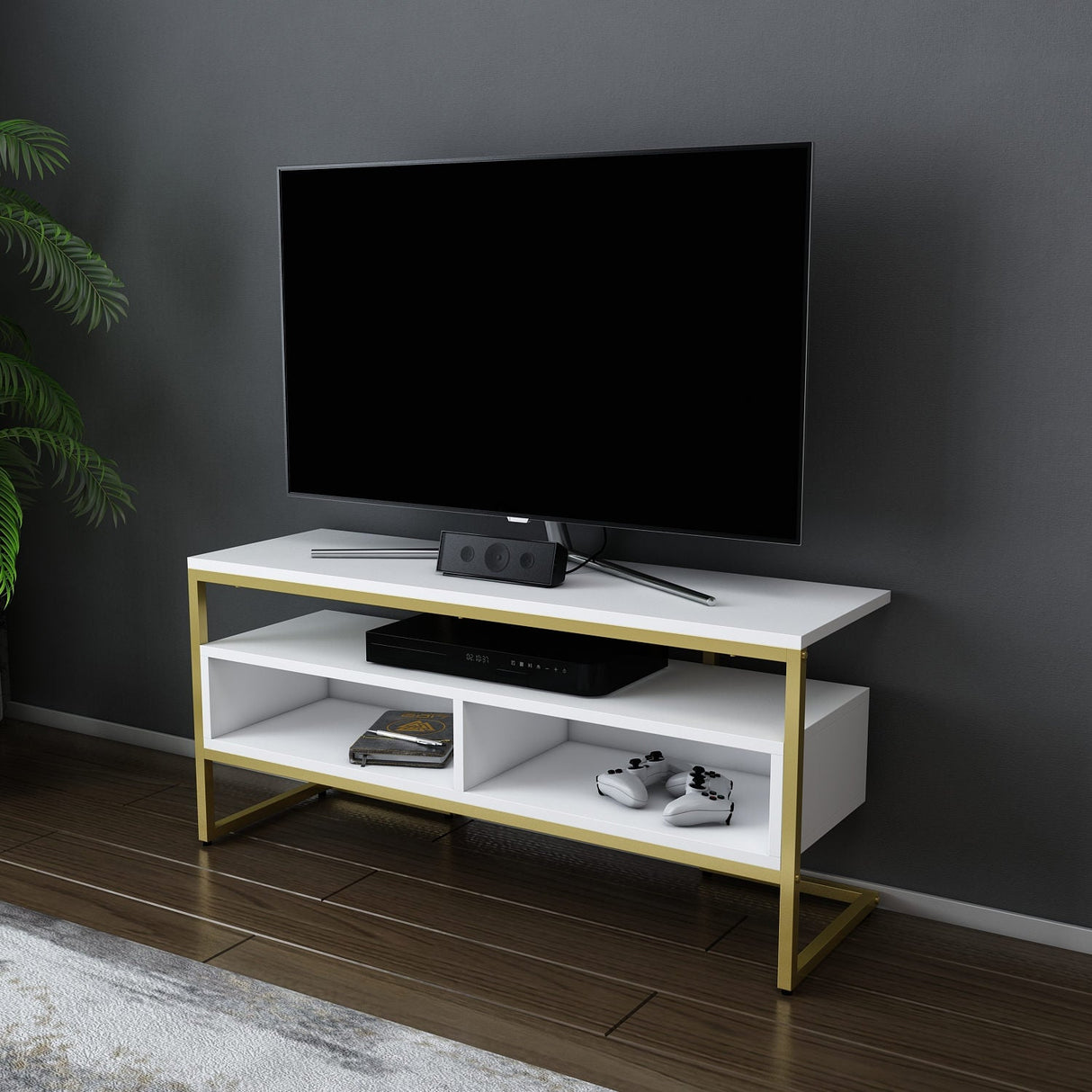 Comodă TV Merrion, Diverse culori, 110x35x50 cm - Auriu - Alb | SKU: 322RTC2331 | Comodă TV Merrion, 110x35x50 cm, varianta Auriu - Alb, produs pentru amenajarea locuinței, disponibil online în România la CasaMob