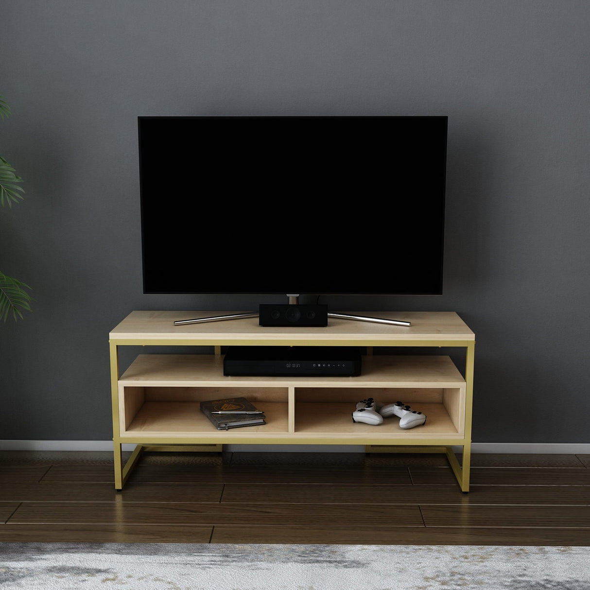 Comodă TV Merrion, Diverse culori, 110x35x50 cm - Auriu - Stejar | SKU: 322RTC2332 | Comodă TV Merrion, 110x35x50 cm, varianta Auriu - Stejar, produs pentru amenajarea locuinței, disponibil online în România la CasaMob