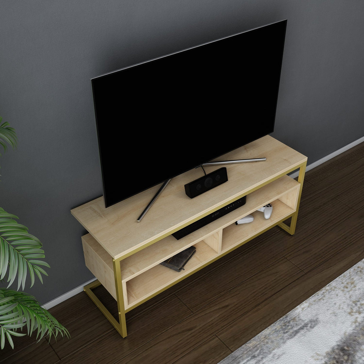 Comodă TV Merrion, Diverse culori, 110x35x50 cm - Auriu - Stejar | SKU: 322RTC2332 | Comodă TV Merrion, 110x35x50 cm, varianta Auriu - Stejar, produs pentru amenajarea locuinței, disponibil online în România la CasaMob