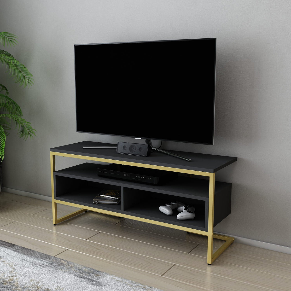 Comodă TV Merrion, Diverse culori, 110x35x50 cm - Auriu - Antracit | SKU: 322RTC2333 | Comodă TV Merrion, 110x35x50 cm, varianta Auriu - Antracit, produs pentru amenajarea locuinței, disponibil online în România la CasaMob
