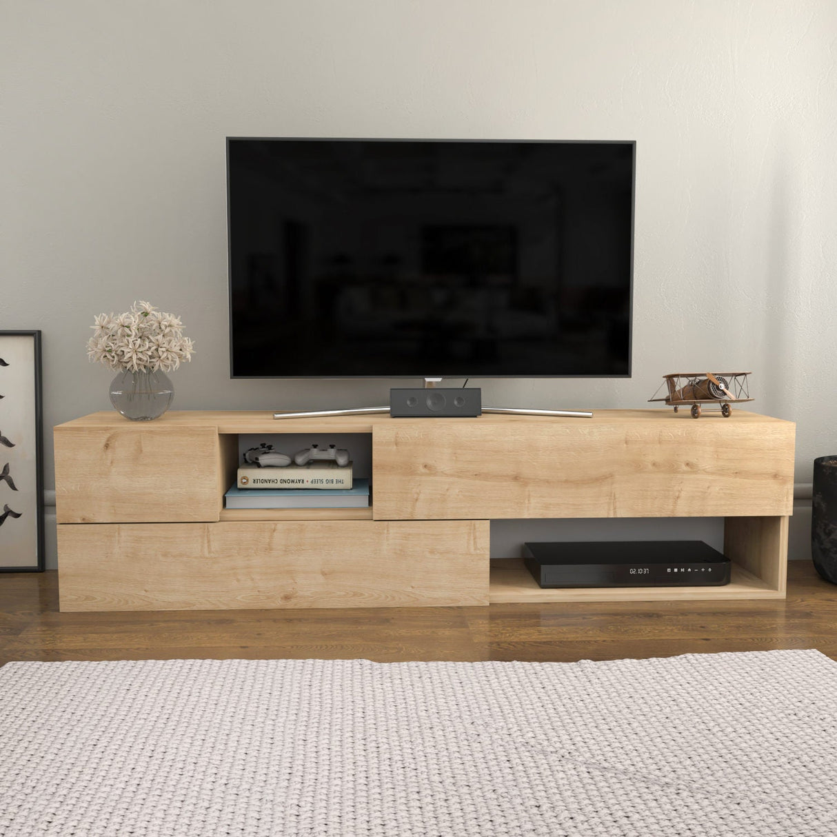 Comodă TV Morton, Diverse culori, 160x38x40 cm - Stejar | SKU: 322RTC2336 | Comodă TV Morton, 160x38x40 cm, varianta Stejar, produs pentru amenajarea locuinței, disponibil online în România la CasaMob