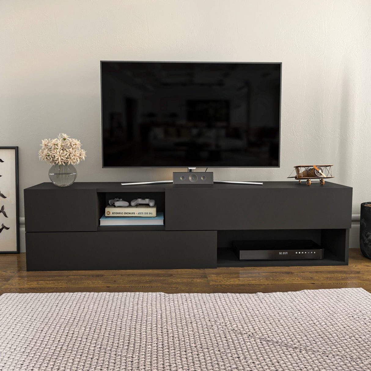 Comodă TV Morton, Diverse culori, 160x38x40 cm - Antracit | SKU: 322RTC2337 | Comodă TV Morton, 160x38x40 cm, varianta Antracit, produs pentru amenajarea locuinței, disponibil online în România la CasaMob