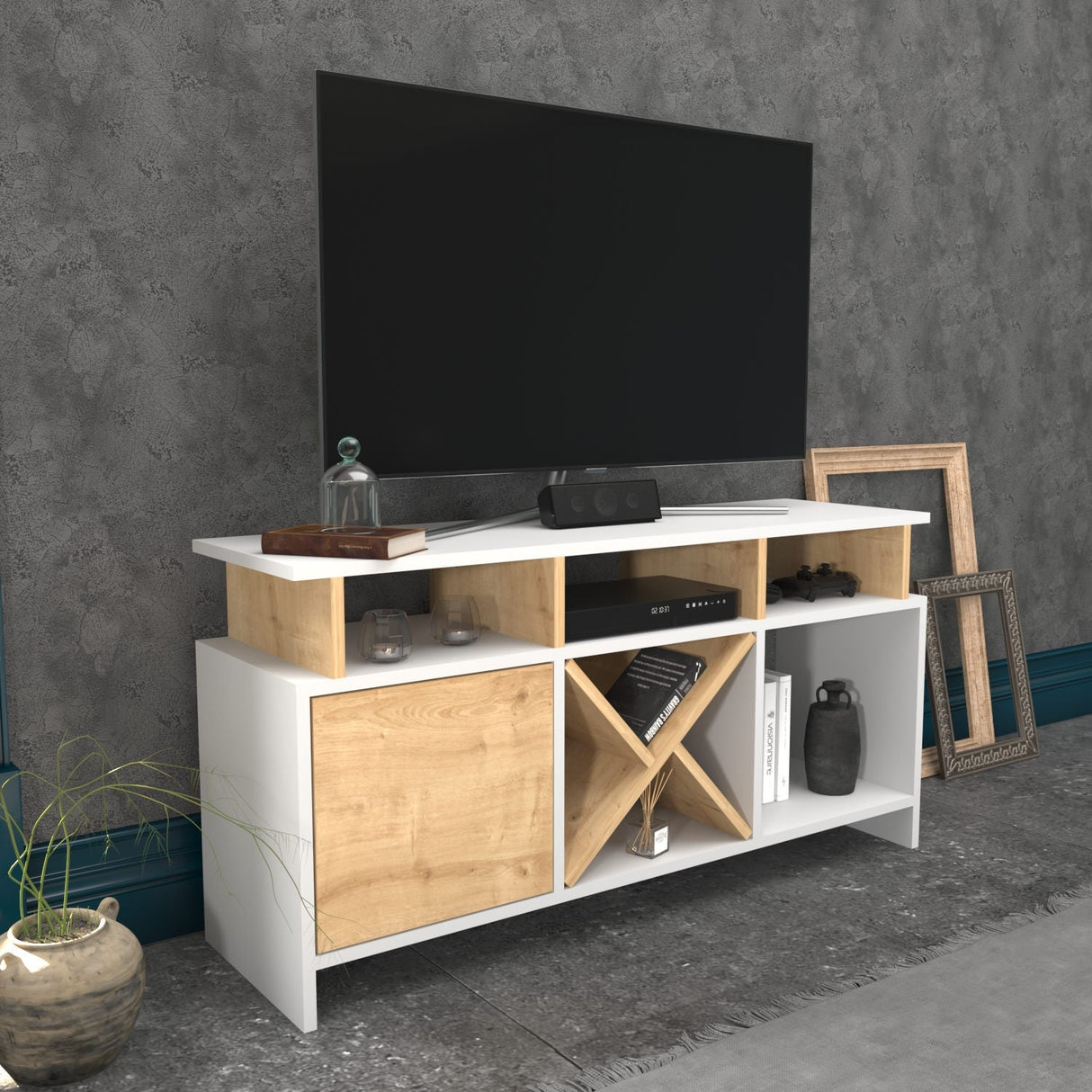 Comodă TV Auburn, Diverse culori, 120x30x61 cm - Alb - Stejar | SKU: 322RTC2365 | Comodă TV Auburn, 120x30x61 cm, varianta Alb - Stejar, produs pentru amenajarea locuinței, disponibil online în România la CasaMob
