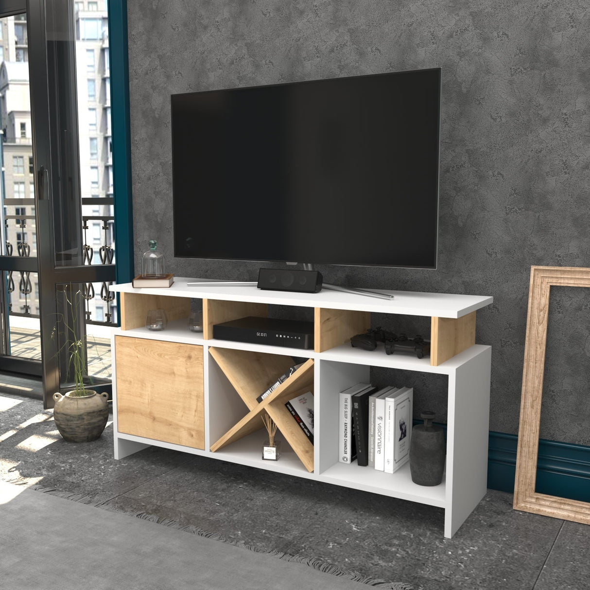 Comodă TV Auburn, Diverse culori, 120x30x61 cm - Alb - Stejar | SKU: 322RTC2365 | Comodă TV Auburn, 120x30x61 cm, varianta Alb - Stejar, produs pentru amenajarea locuinței, disponibil online în România la CasaMob