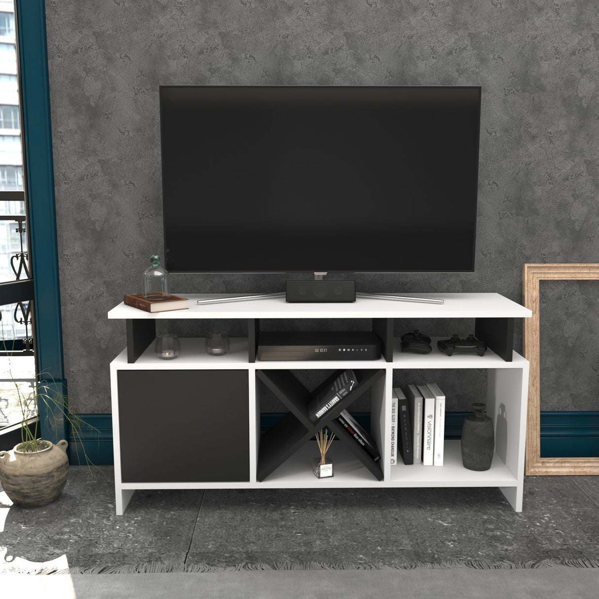 Comodă TV Auburn, Diverse culori, 120x30x61 cm - Alb - Antracit | SKU: 322RTC2366 | Comodă TV Auburn, 120x30x61 cm, varianta Alb - Antracit, produs pentru amenajarea locuinței, disponibil online în România la CasaMob