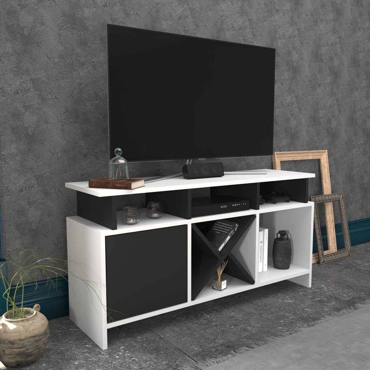 Comodă TV Auburn, Diverse culori, 120x30x61 cm - Alb - Antracit | SKU: 322RTC2366 | Comodă TV Auburn, 120x30x61 cm, varianta Alb - Antracit, produs pentru amenajarea locuinței, disponibil online în România la CasaMob