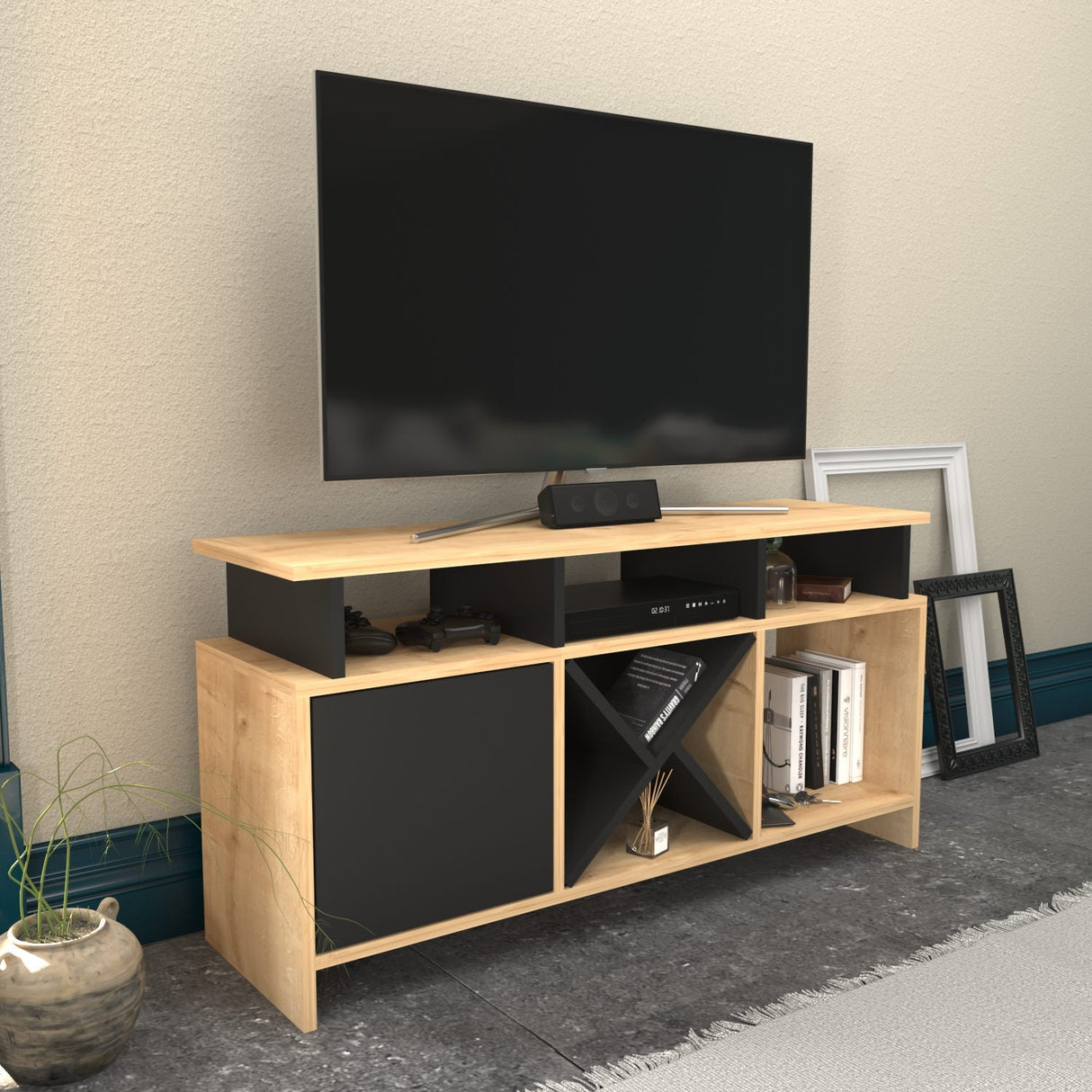 Comodă TV Auburn, Diverse culori, 120x30x61 cm - Stejar - Antracit | SKU: 322RTC2370 | Comodă TV Auburn, 120x30x61 cm, varianta Stejar - Antracit, produs pentru amenajarea locuinței, disponibil online în România la CasaMob