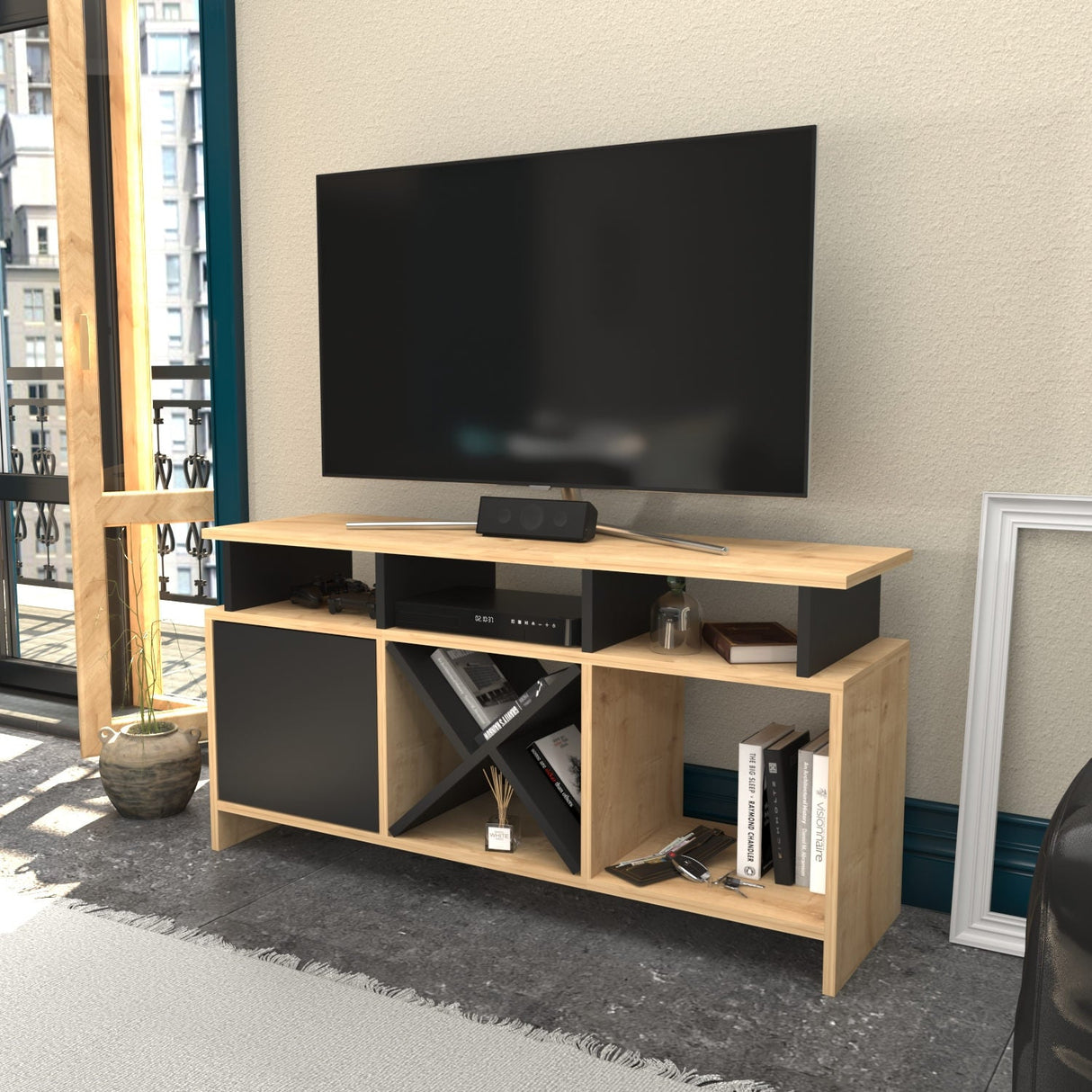 Comodă TV Auburn, Diverse culori, 120x30x61 cm - Stejar - Antracit | SKU: 322RTC2370 | Comodă TV Auburn, 120x30x61 cm, varianta Stejar - Antracit, produs pentru amenajarea locuinței, disponibil online în România la CasaMob